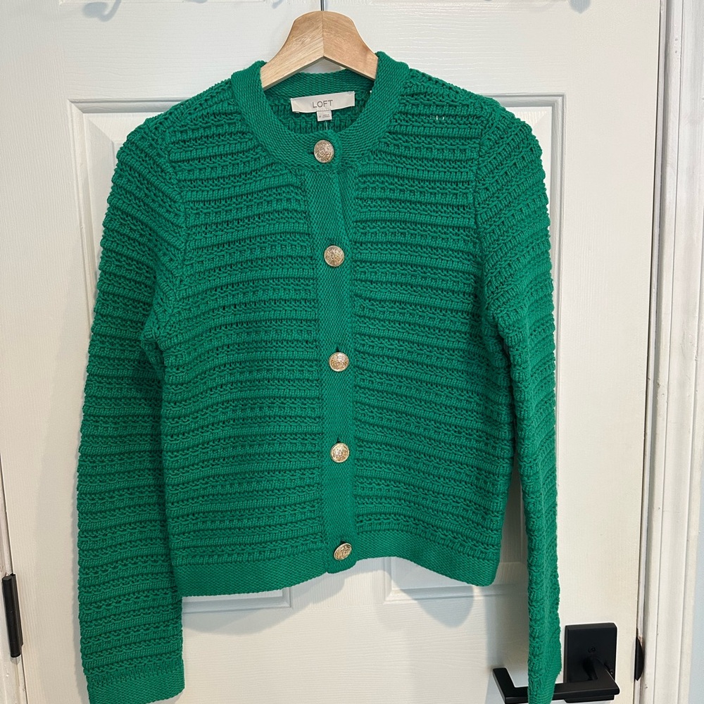 LOFT Green Ribbed Knit Cardigan Sweater